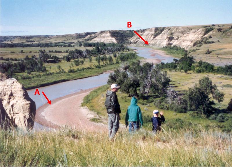 two location along meandering Little Missouri River--A along a sandy bar, B along a bluff